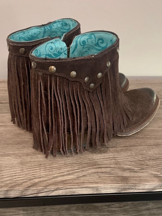 Corral Fringe Brown Leather Booties Studded Side Zip Ankle Boots 7 M - Picture 5 of 14